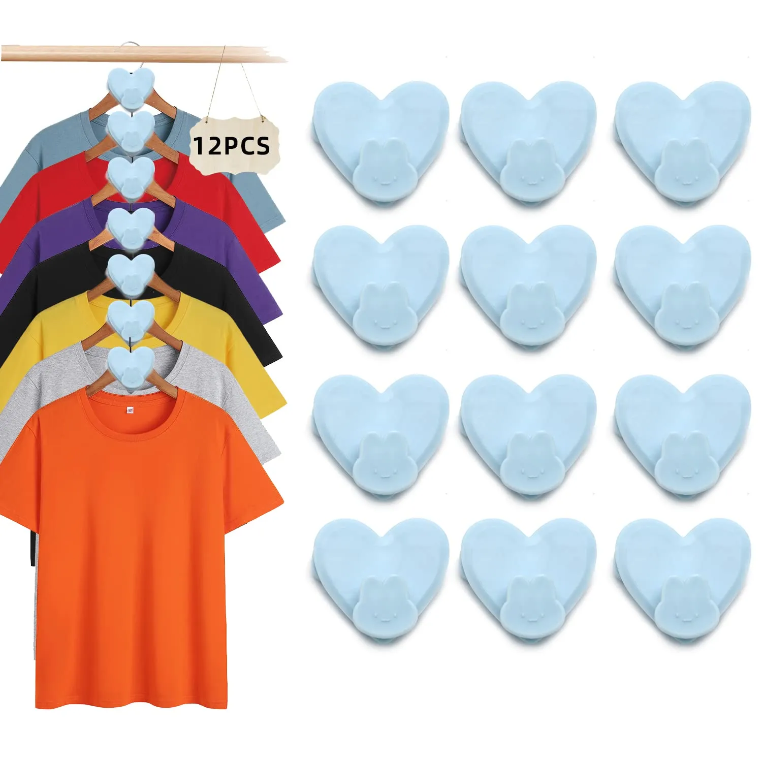 12 Pcs Space Saving Hanger Hooks, Blue Heart Shaped Rabbit Clothes Hanger Connec