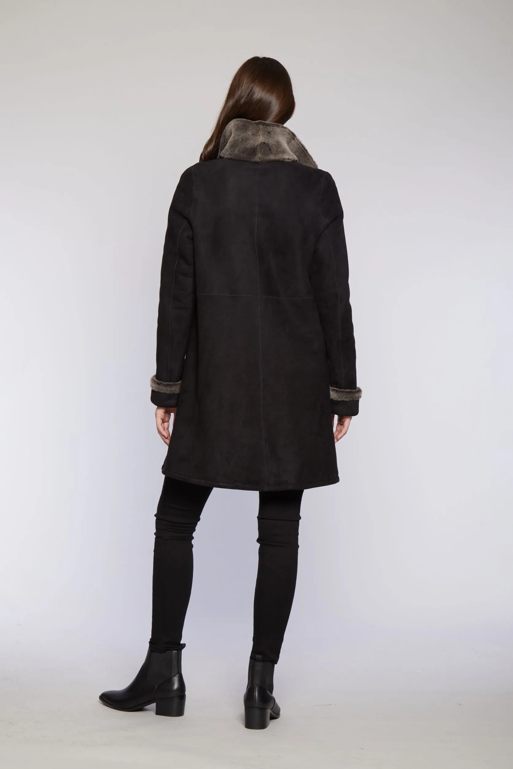 #6160 Reversible Spanish Merino Shearling Coat shown in "soft black"