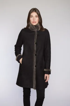 #6160 Reversible Spanish Merino Shearling Coat shown in "soft black"