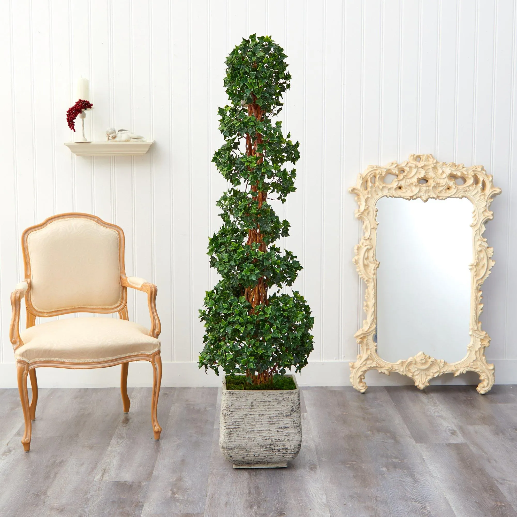 70” English Ivy Topiary Spiral Artificial Tree in White Planter (Indoor/Outdoor)