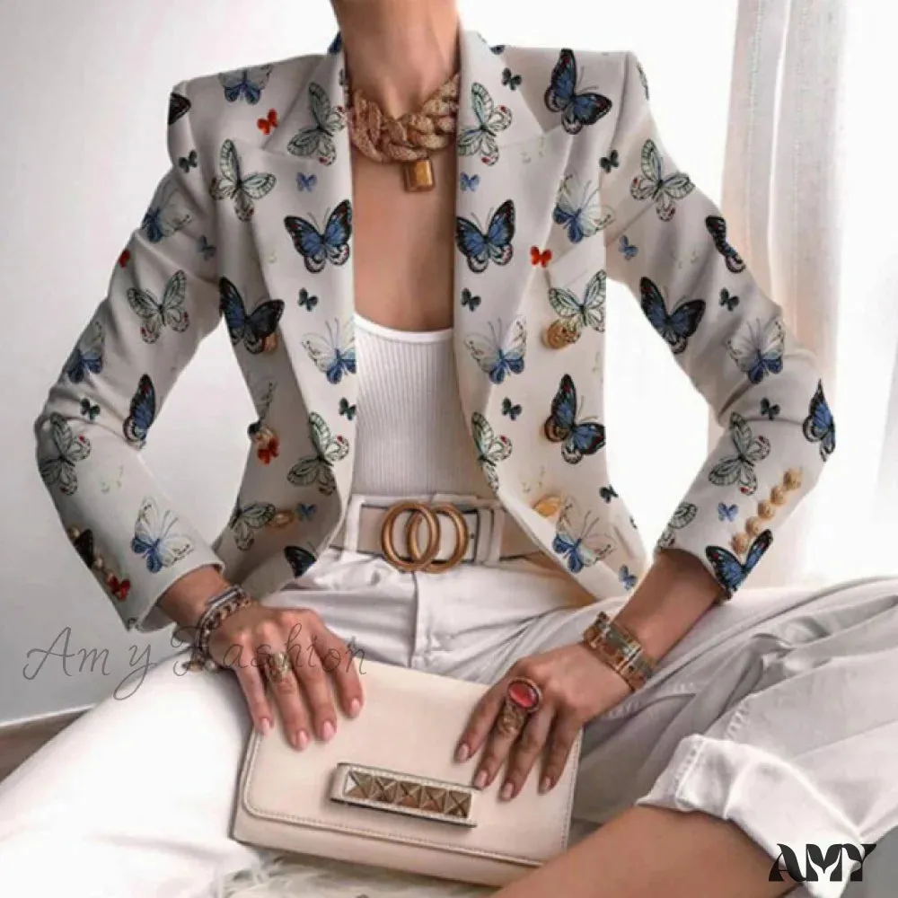 Amy Fashion - Office Lady Elegant Comfy Butterfly Print Blazer