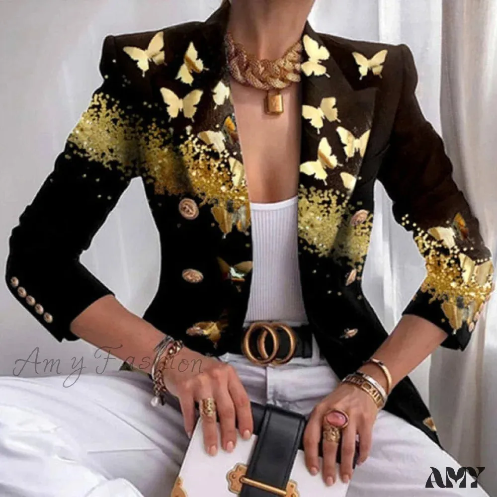 Amy Fashion - Office Lady Elegant Comfy Butterfly Print Blazer