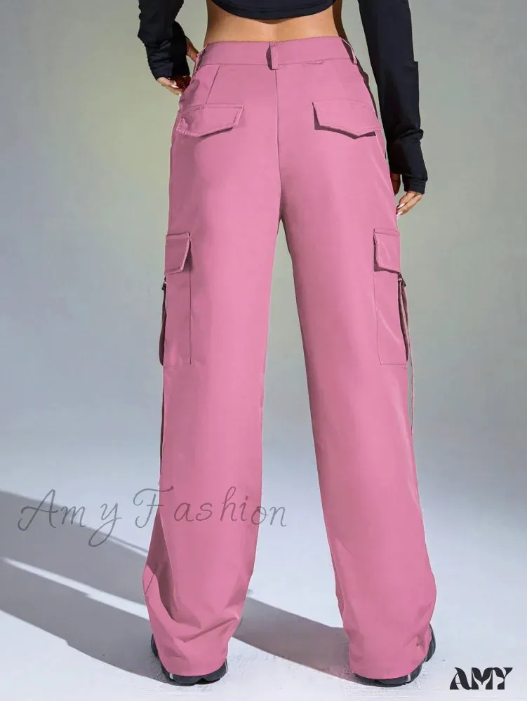 Amy Fashion - Solid Flap Pocket Cargo Pants