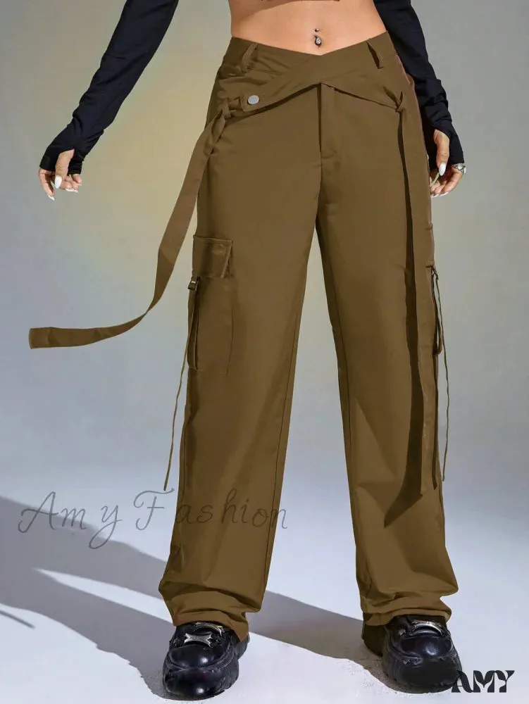 Amy Fashion - Solid Flap Pocket Cargo Pants