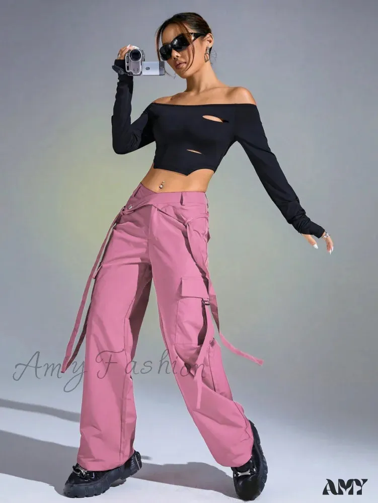 Amy Fashion - Solid Flap Pocket Cargo Pants