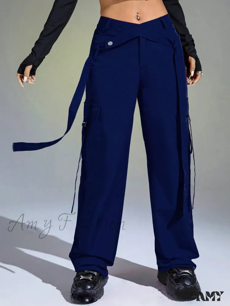 Amy Fashion - Solid Flap Pocket Cargo Pants