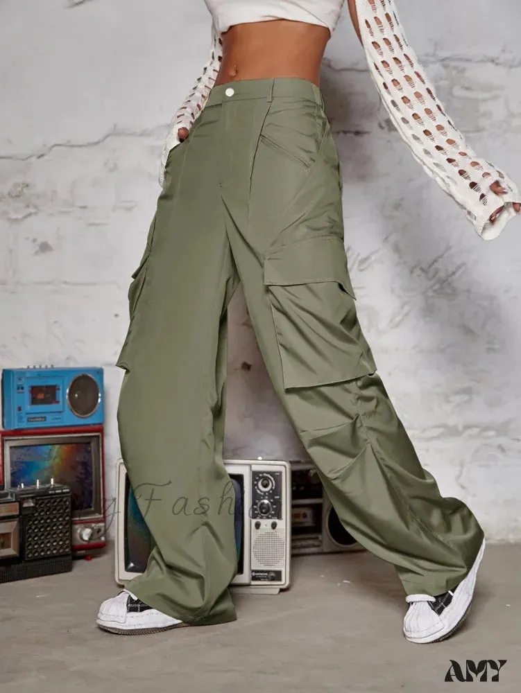 Amy Fashion - Street Flap Pocket  Wide Leg Cargo Pants