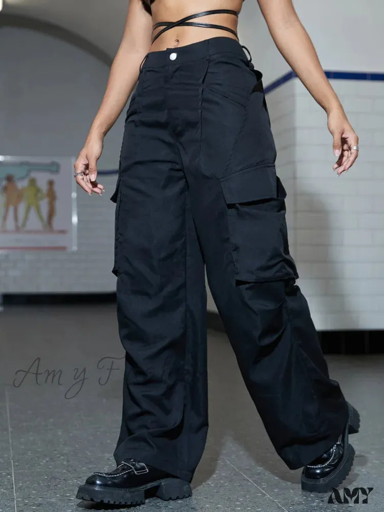 Amy Fashion - Street Flap Pocket  Wide Leg Cargo Pants