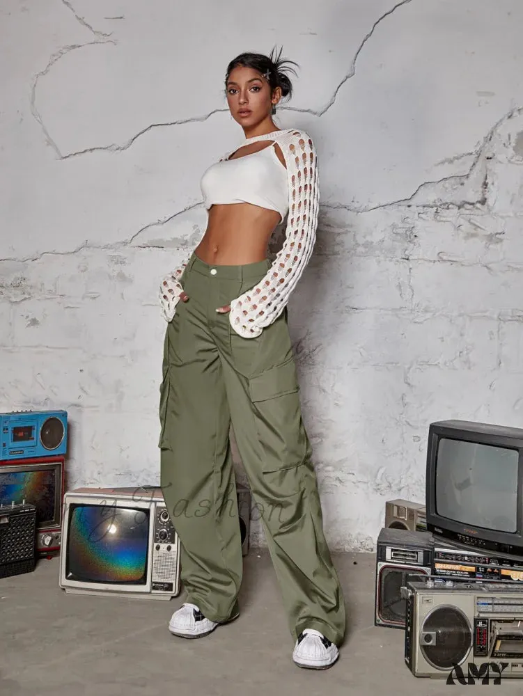 Amy Fashion - Street Flap Pocket  Wide Leg Cargo Pants