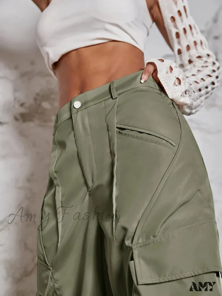 Amy Fashion - Street Flap Pocket  Wide Leg Cargo Pants