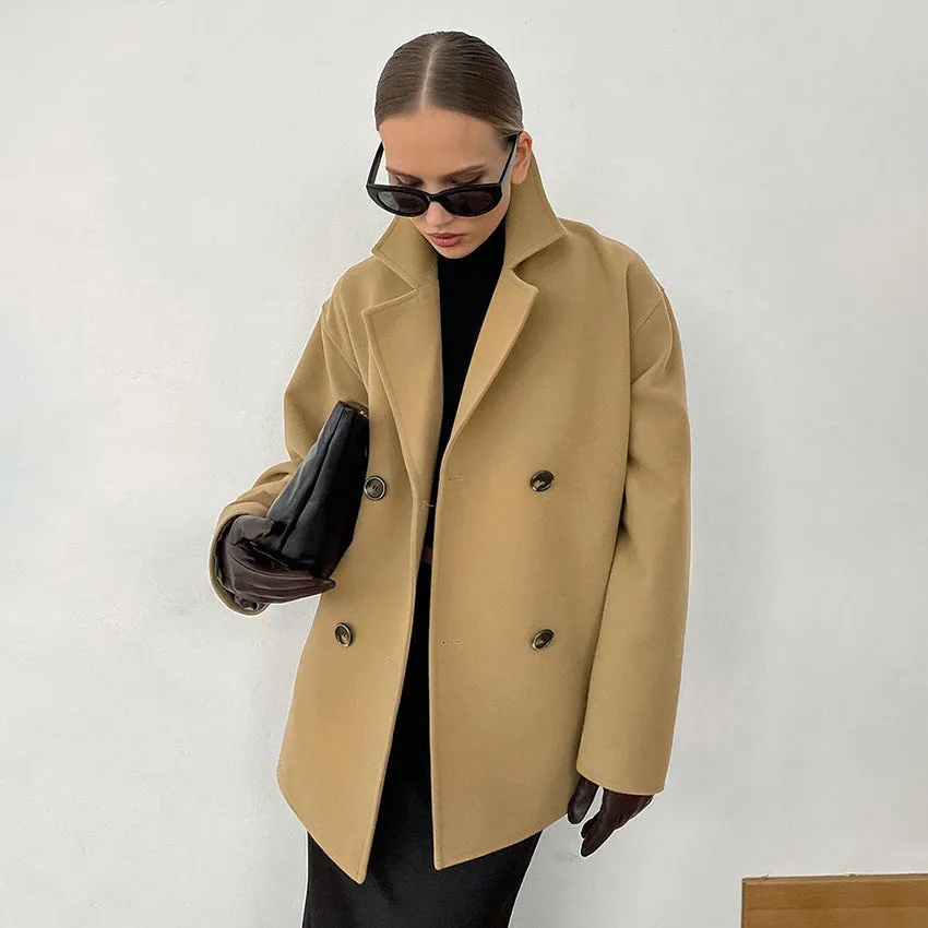 Autumn And Winter Elegant Woolen Overcoat Mid-length Loose Thick Brown Double-breasted Woolen Coat