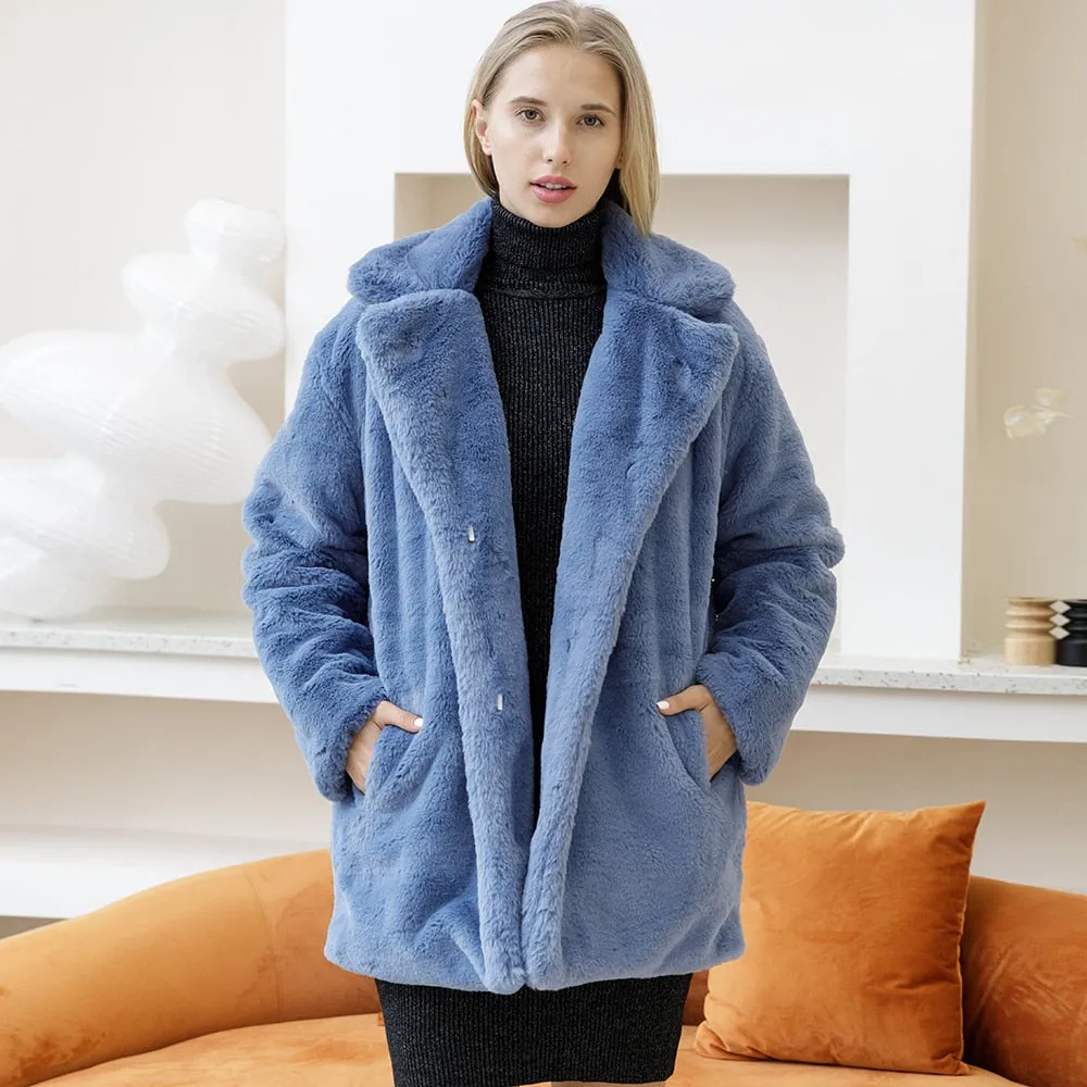 Autumn Winter New Women Faux Fur Coat Elegant Fluffy Thick Warm