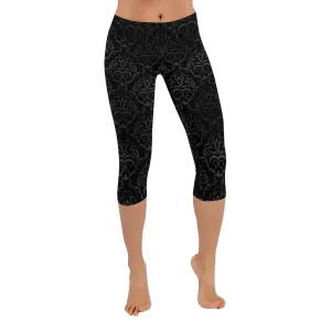 Black Grey Damasks Women's Low Rise Capri Leggings (Invisible Stitch)