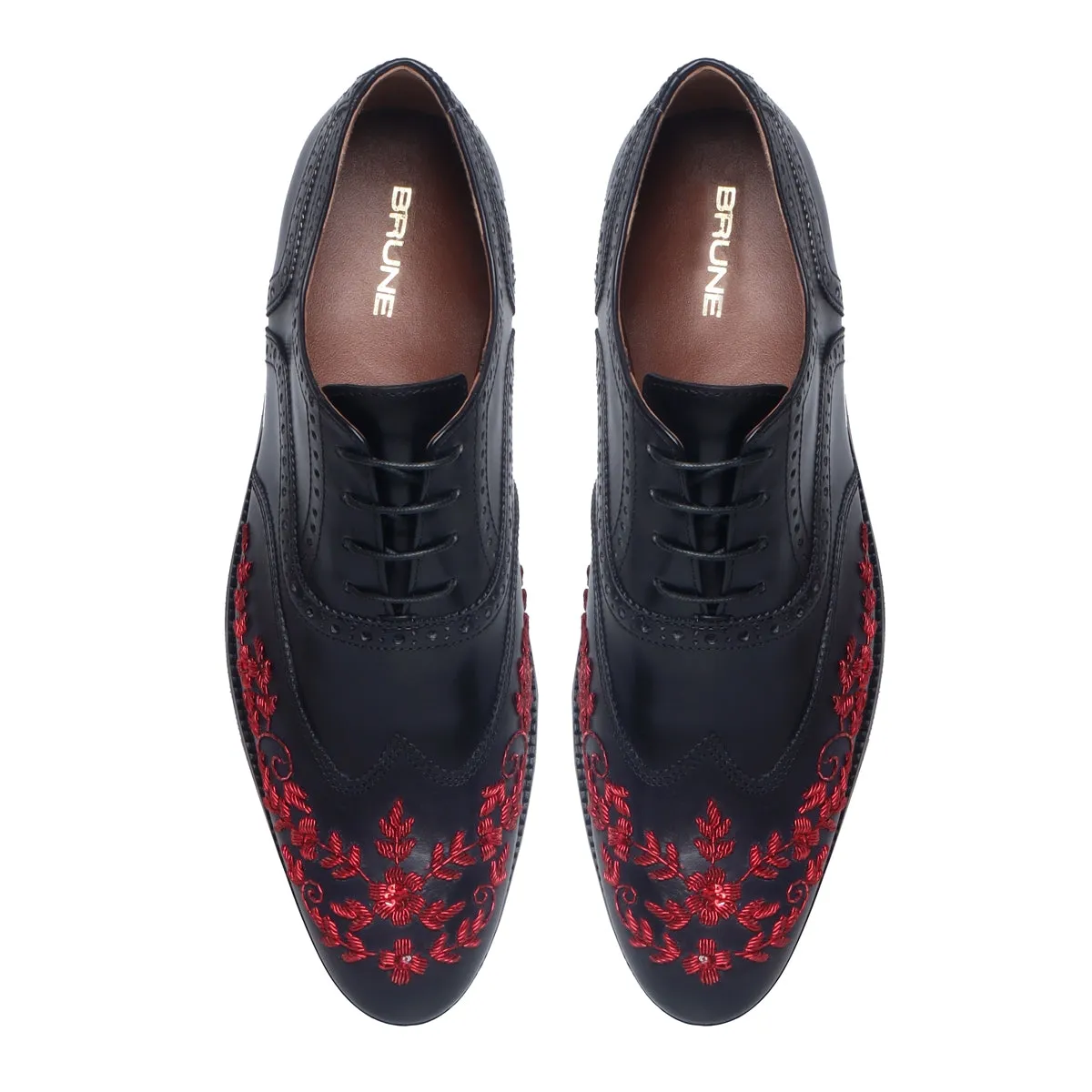 Black Leather Lace-Up Formal Shoes with Red Zardosi Wingtip Toe by Brune & Bareskin