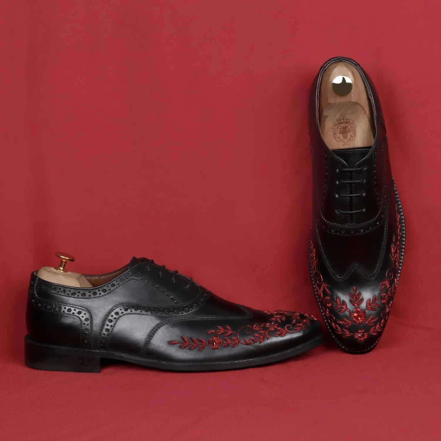 Black Leather Lace-Up Formal Shoes with Red Zardosi Wingtip Toe by Brune & Bareskin