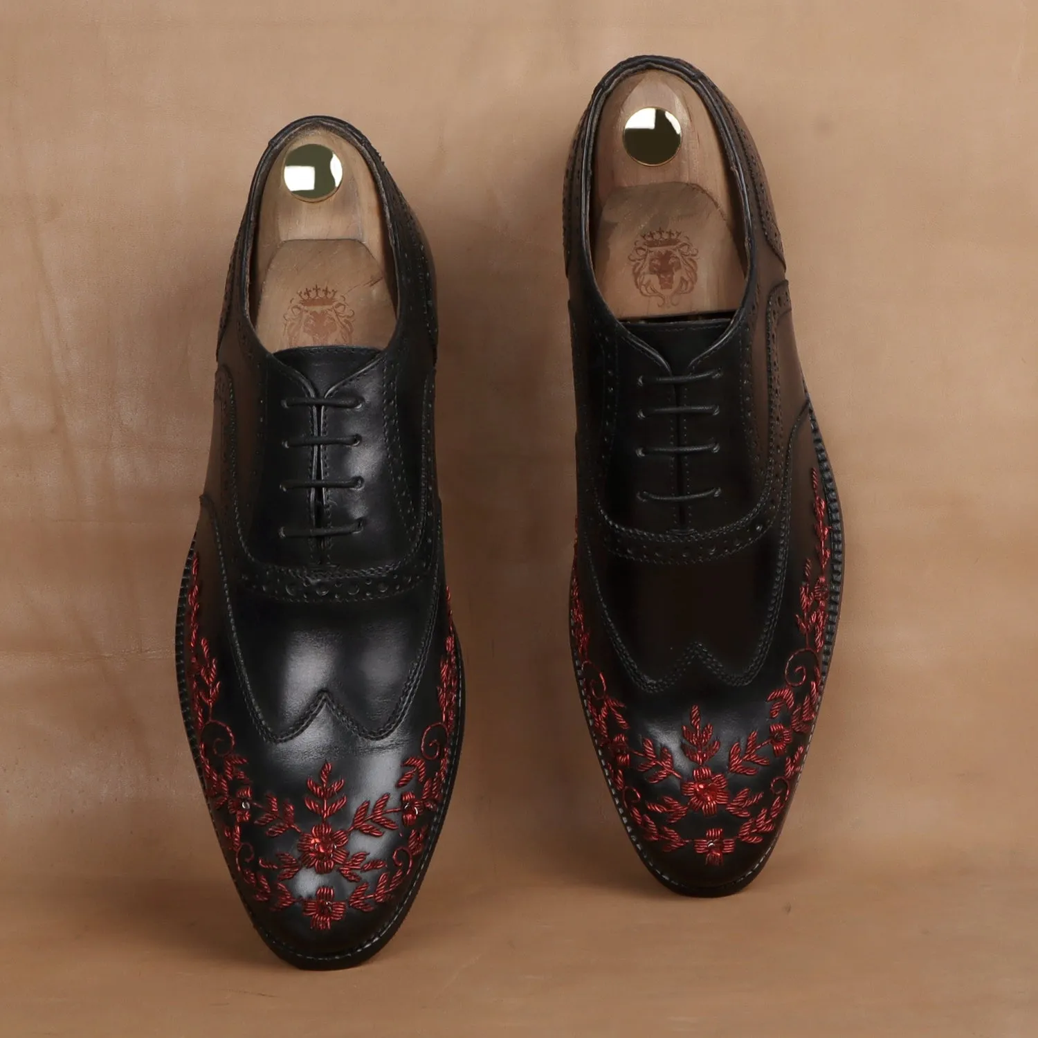 Black Leather Lace-Up Formal Shoes with Red Zardosi Wingtip Toe by Brune & Bareskin