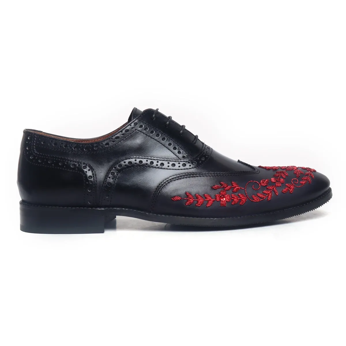 Black Leather Lace-Up Formal Shoes with Red Zardosi Wingtip Toe by Brune & Bareskin