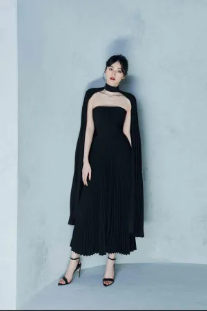 Black PLEATED MIDI DRESS-Nora