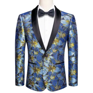 Blue and Yellow Embroidered Floral Tuxedo Jacket