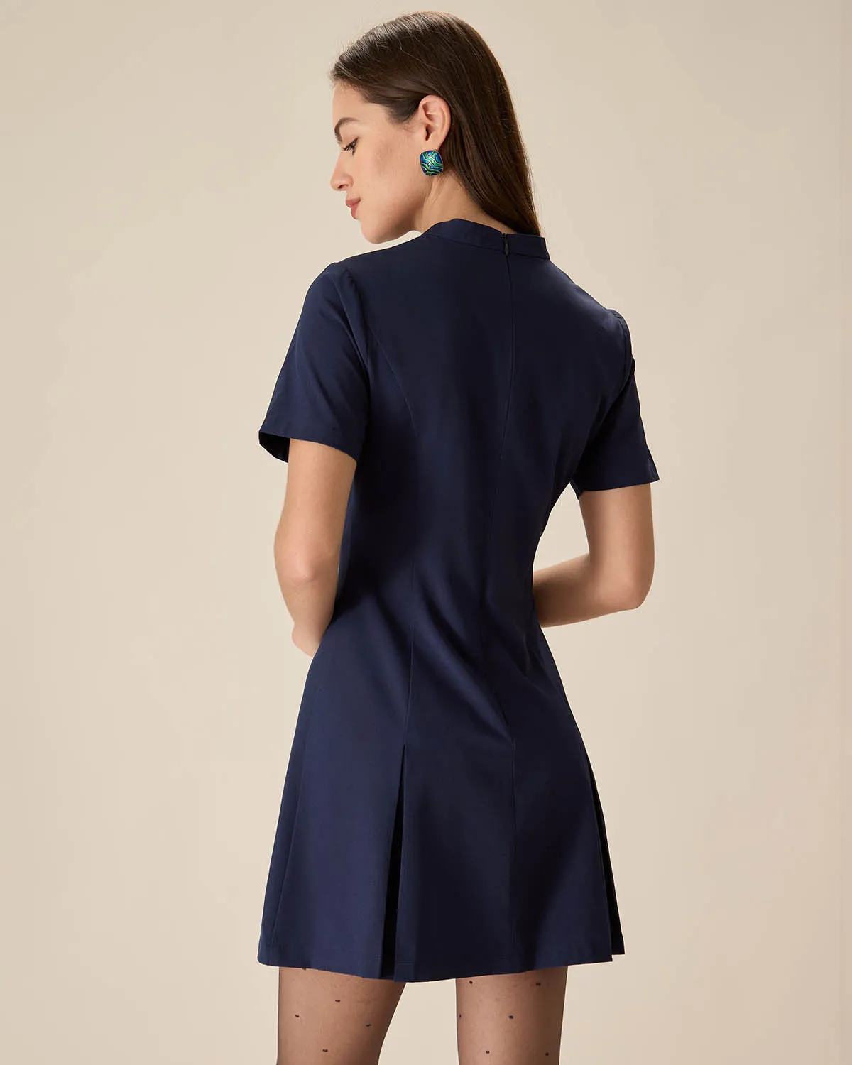 Blue Mock Neck Pleated Mini Dress