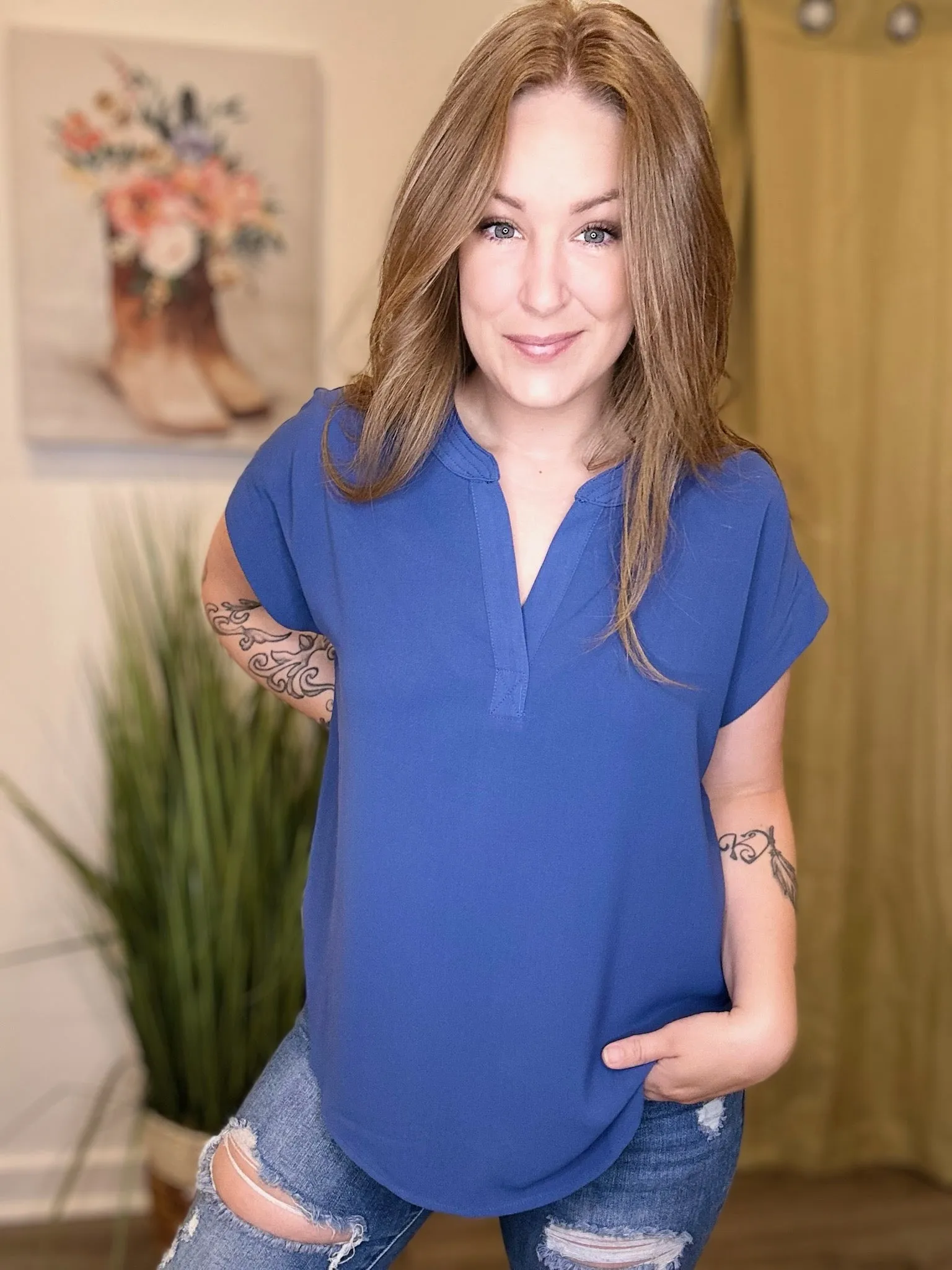 Blue Notched Short Sleeve Blouse