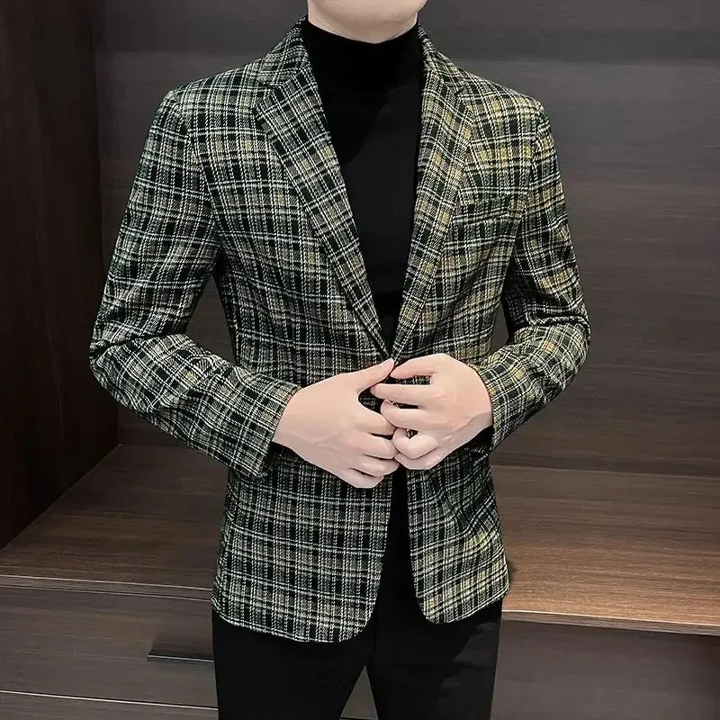 Bonsir Single Breasted Thin Plaid Man Suits and Blazers Slim Fit Original Gentleman Casual Coats High Quality Elegant Jacket for Men