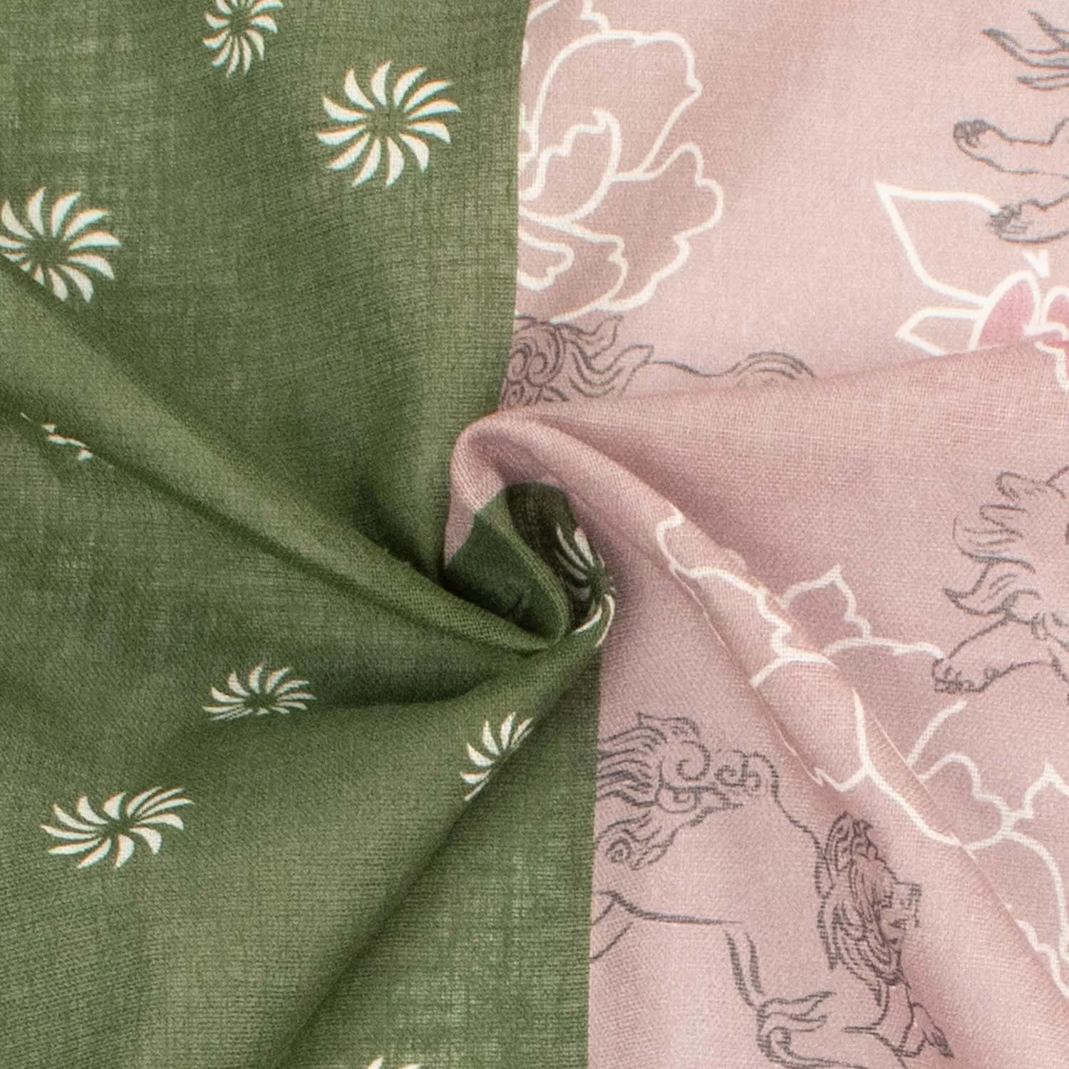 Border Printed Cotton Voile Design-7 White Florals on Green/Kylin & Flowers on Dusty Pink