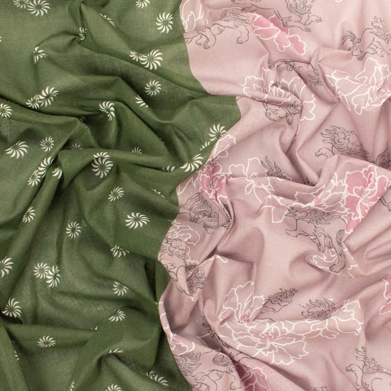 Border Printed Cotton Voile Design-7 White Florals on Green/Kylin & Flowers on Dusty Pink