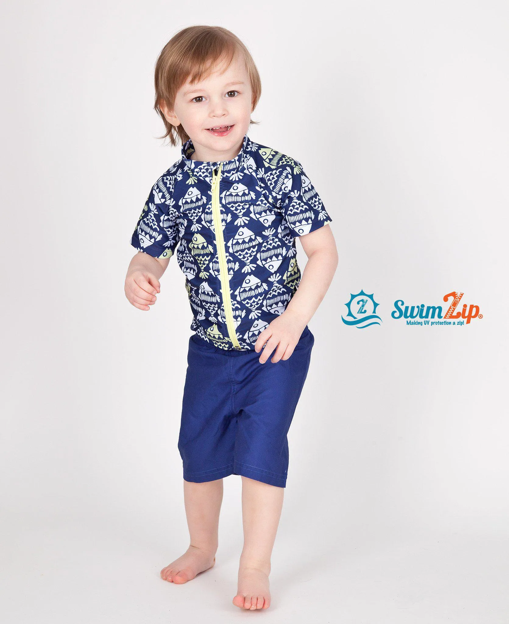 Boys Short Sleeve Zipper Rash Guard and Swim Trunk Set | "Fish Bone Babe"