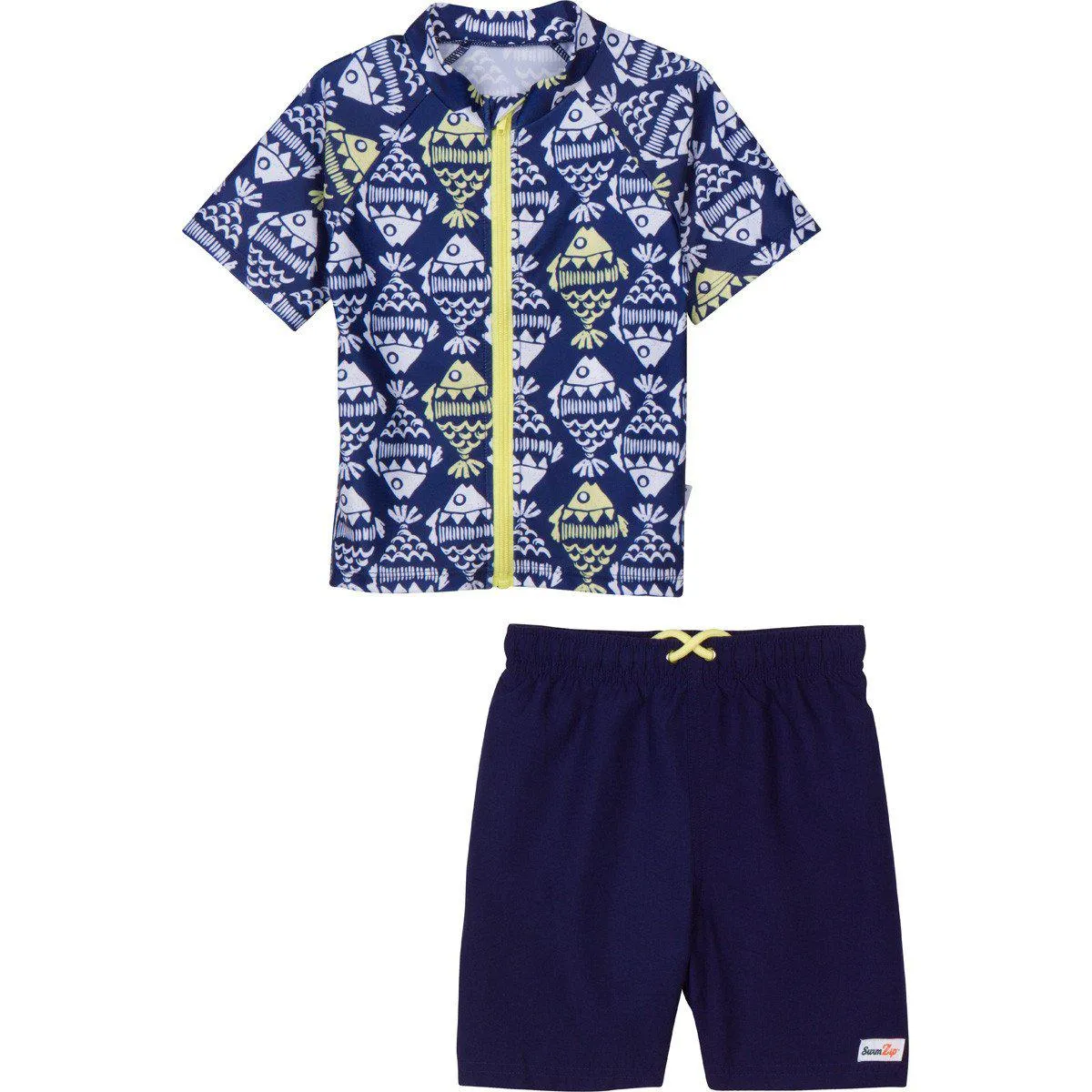 Boys Short Sleeve Zipper Rash Guard and Swim Trunk Set | "Fish Bone Babe"