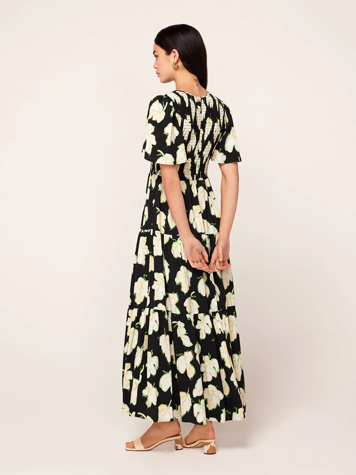 Bridget Black Vine Leaf Shirred Maxi Dress