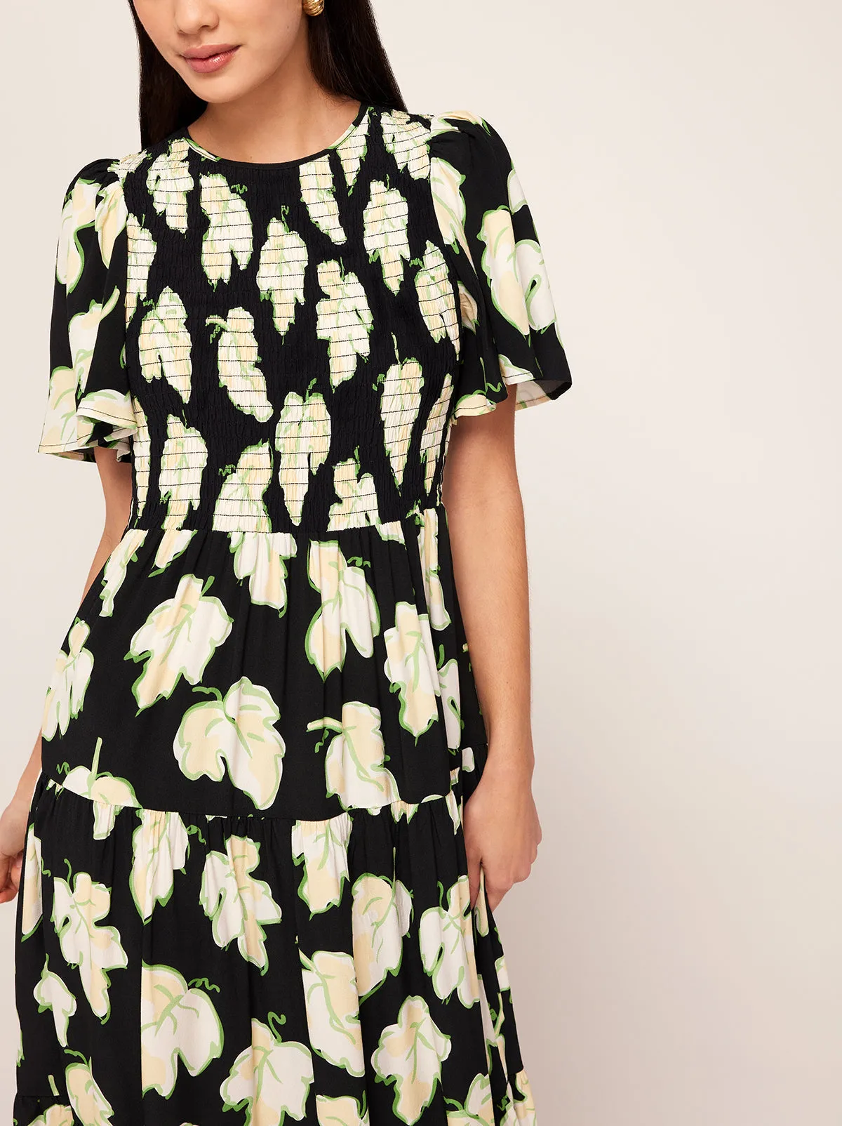 Bridget Black Vine Leaf Shirred Maxi Dress