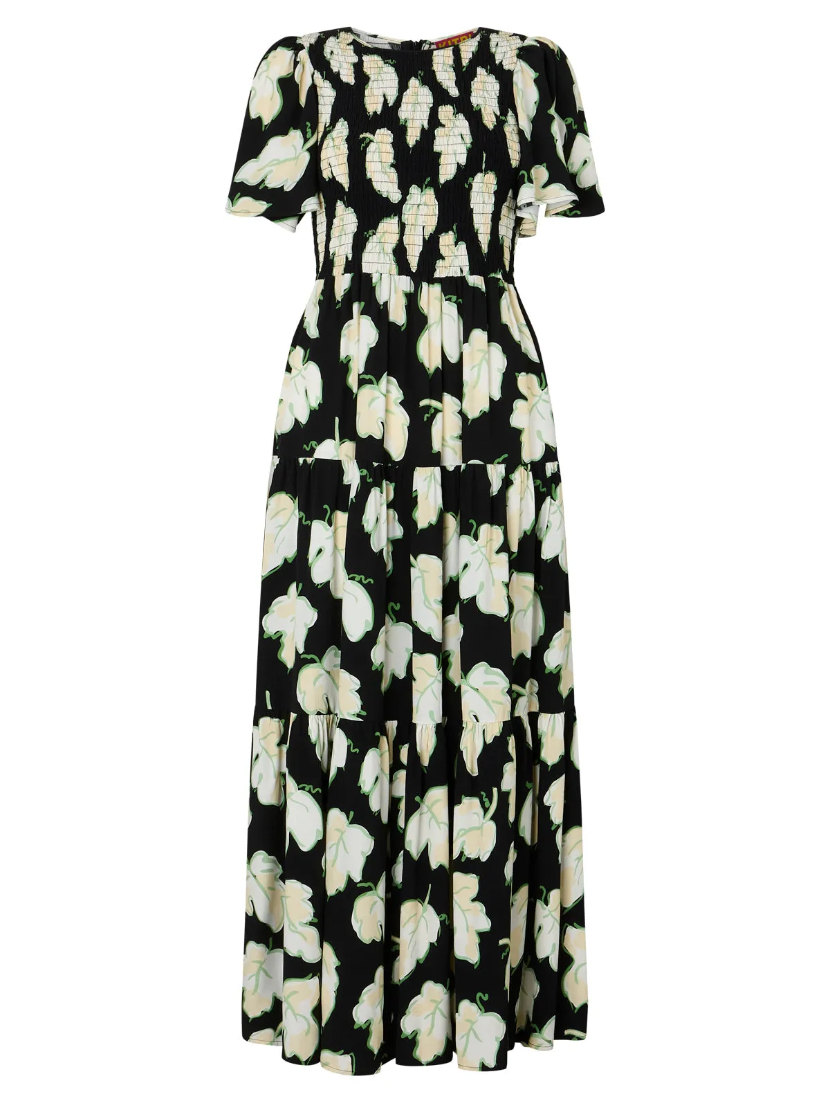 Bridget Black Vine Leaf Shirred Maxi Dress