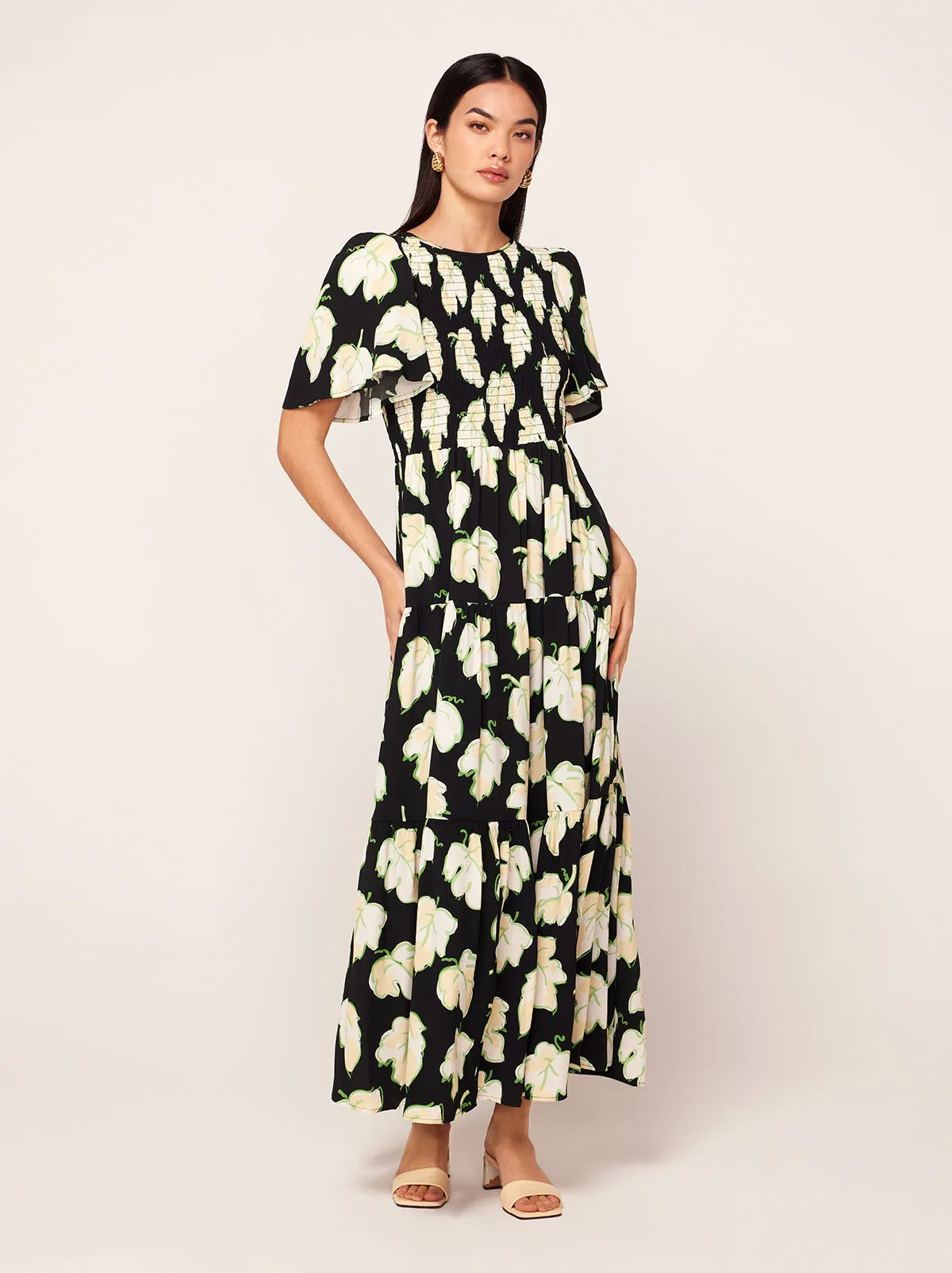 Bridget Black Vine Leaf Shirred Maxi Dress