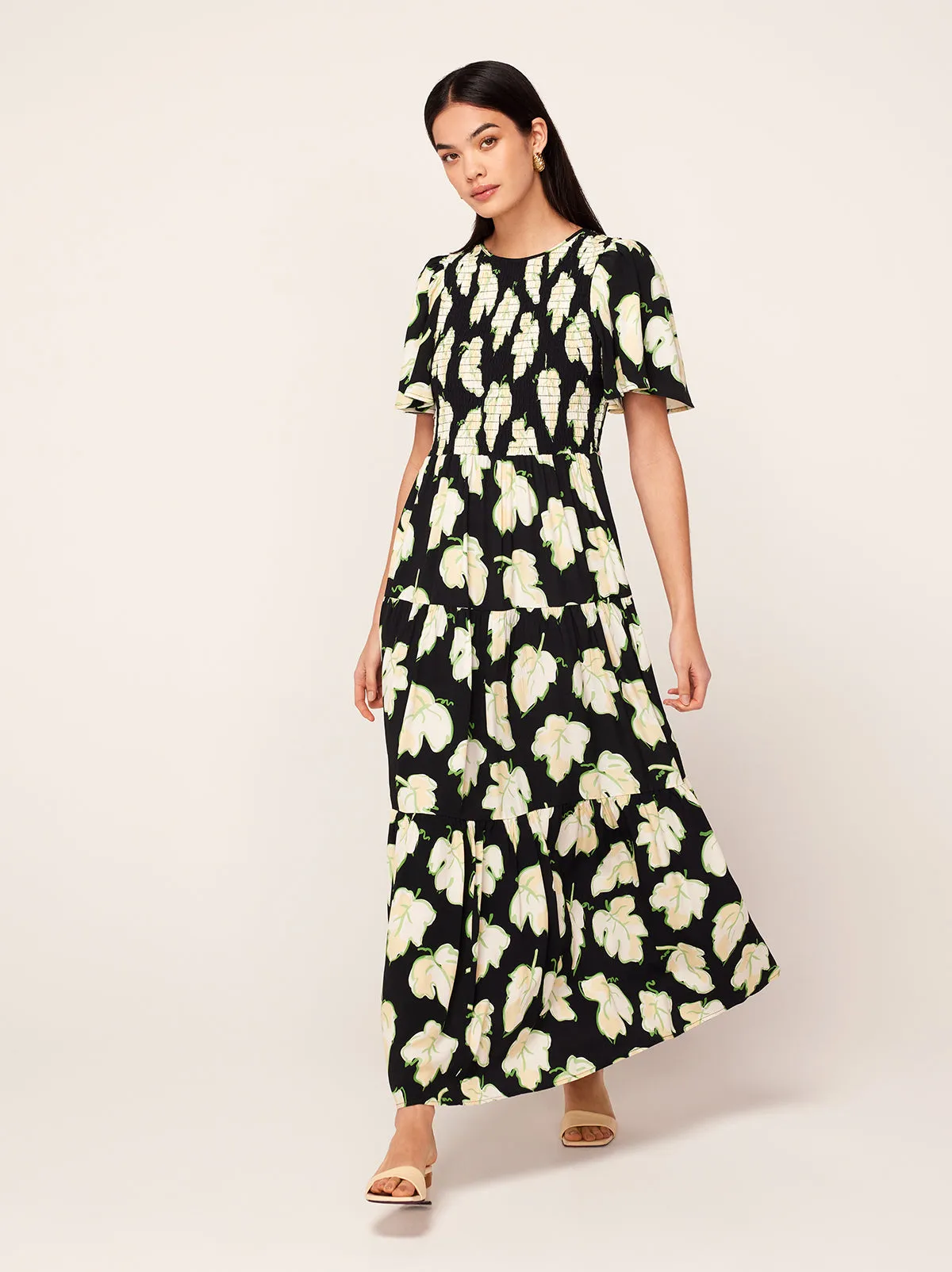 Bridget Black Vine Leaf Shirred Maxi Dress