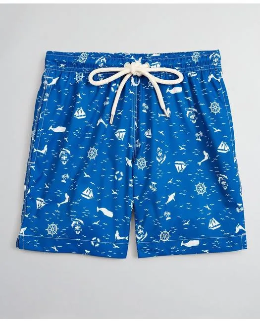 Brooks Brothers Boys Nautical Print Swim Trunks Blue