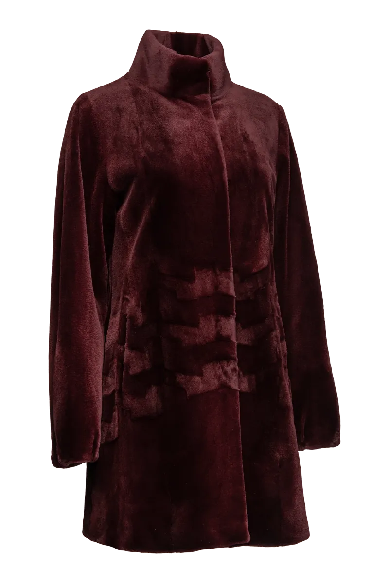 Burgundy Sheared Patterned Mid-Length Mink Fur Coat