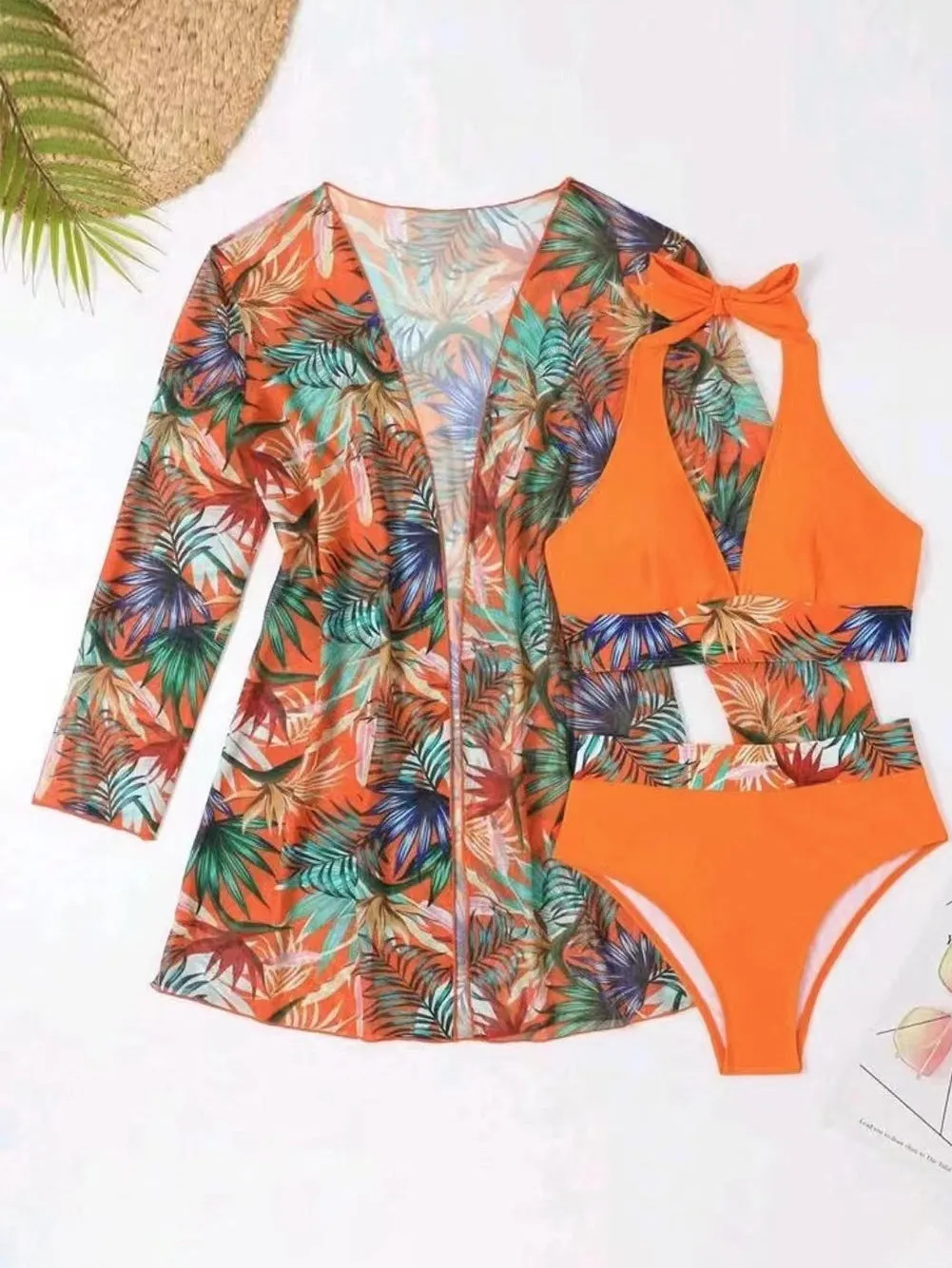 Carrot Tropical Print 3-Piece Halter Bikini Set with Cover Up