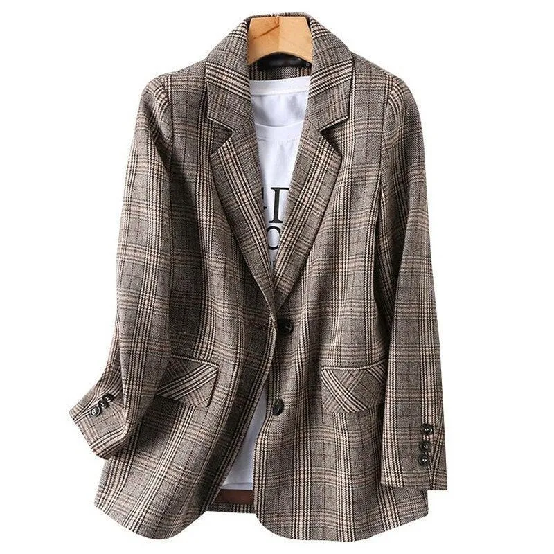 Casual Women's Suit Jacket Loose Autumn Plaid Long Sleeve Female Blazer Elegant Ladies Office Coat High Quality