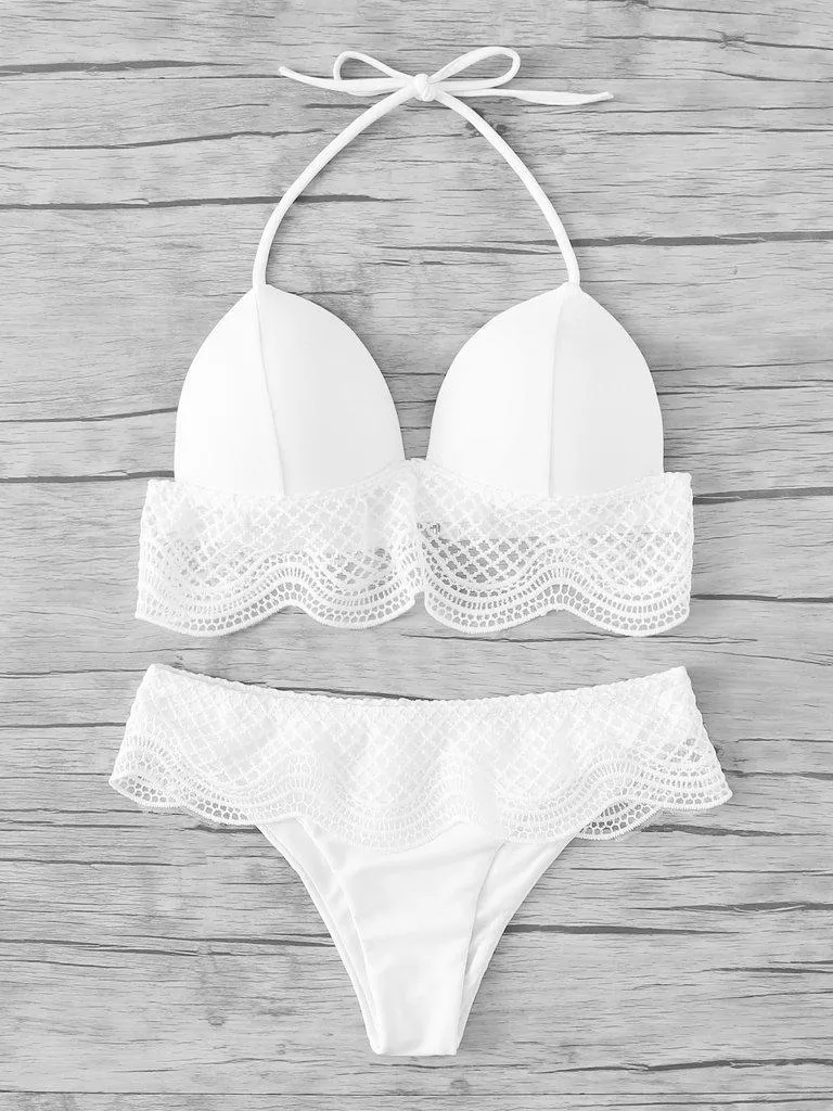 Crochet Ruffle Trim Halter Bikini Set