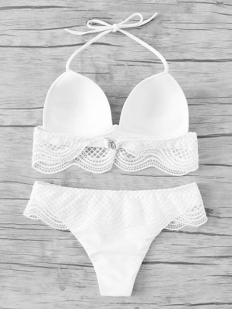 Crochet Ruffle Trim Halter Bikini Set