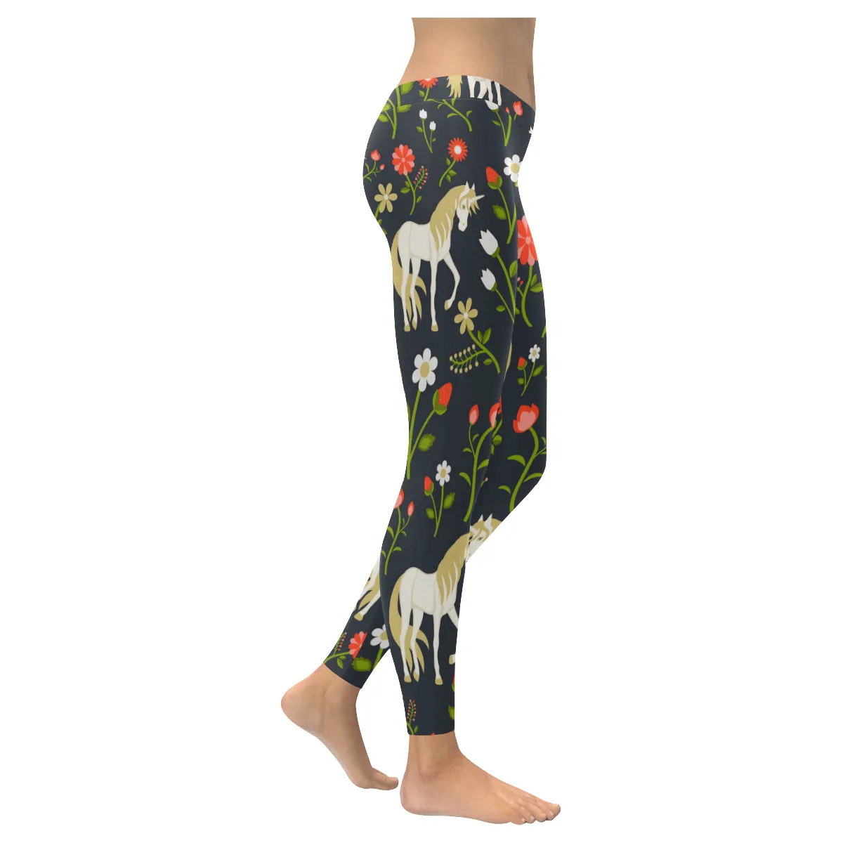 floral pattern with magic unicorns Women's Low Rise Leggings (Invisible Stitch)