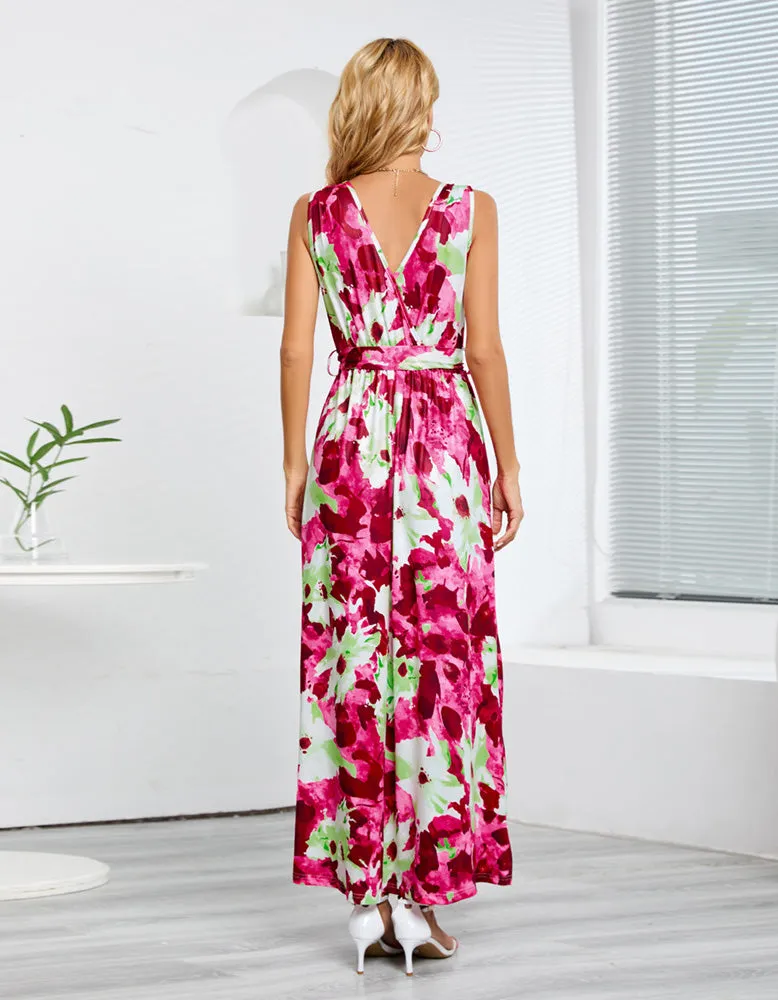 Floral Print Bohemian Sleeveless Slits Belted Long A Line Dresses