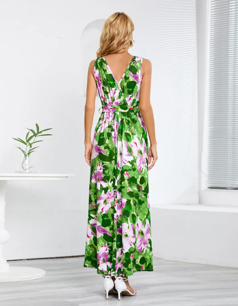 Floral Print Bohemian Sleeveless Slits Belted Long A Line Dresses