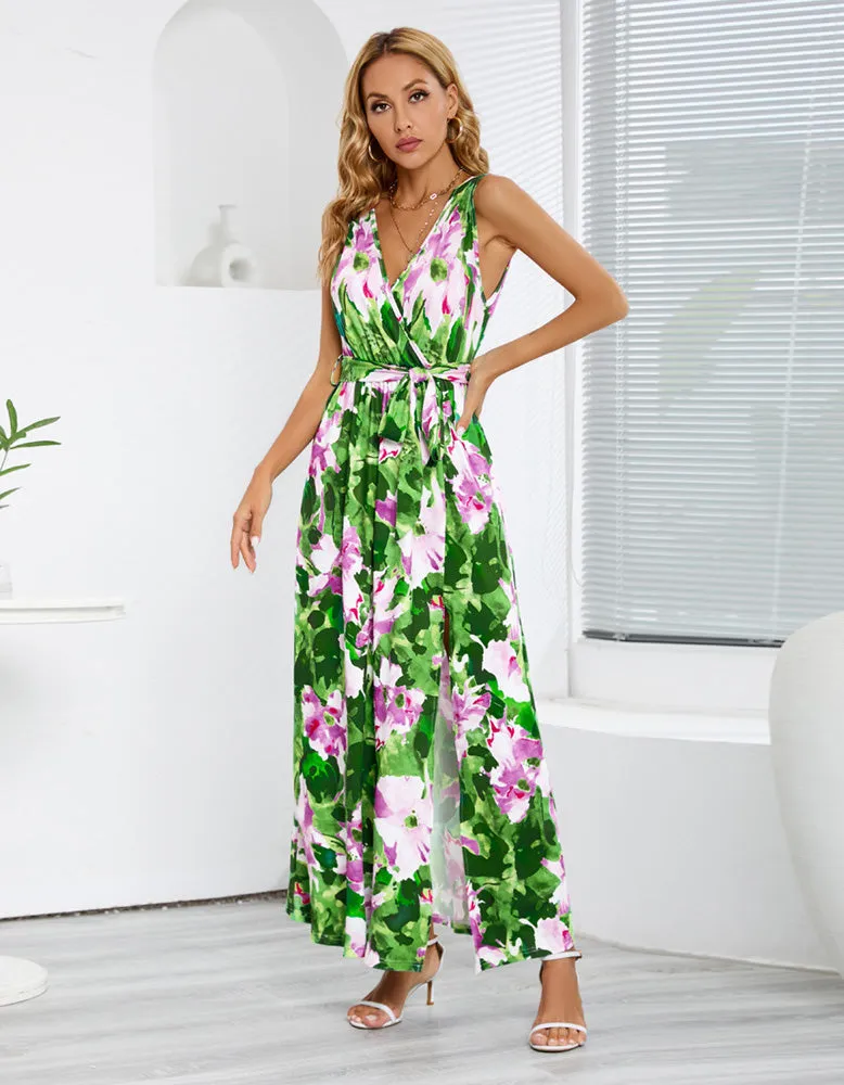 Floral Print Bohemian Sleeveless Slits Belted Long A Line Dresses