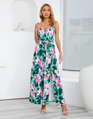 Floral Print Bohemian Sleeveless Slits Belted Long A Line Dresses