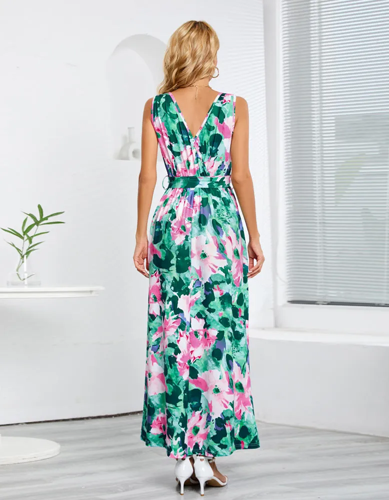 Floral Print Bohemian Sleeveless Slits Belted Long A Line Dresses