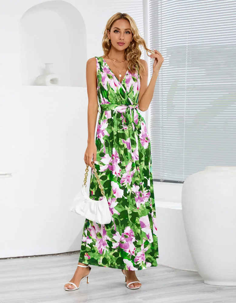 Floral Print Bohemian Sleeveless Slits Belted Long A Line Dresses