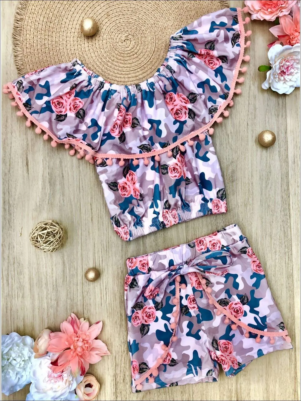 Girl Pom Pom Ruffle Top and Overlay Front Tie Shorts Set