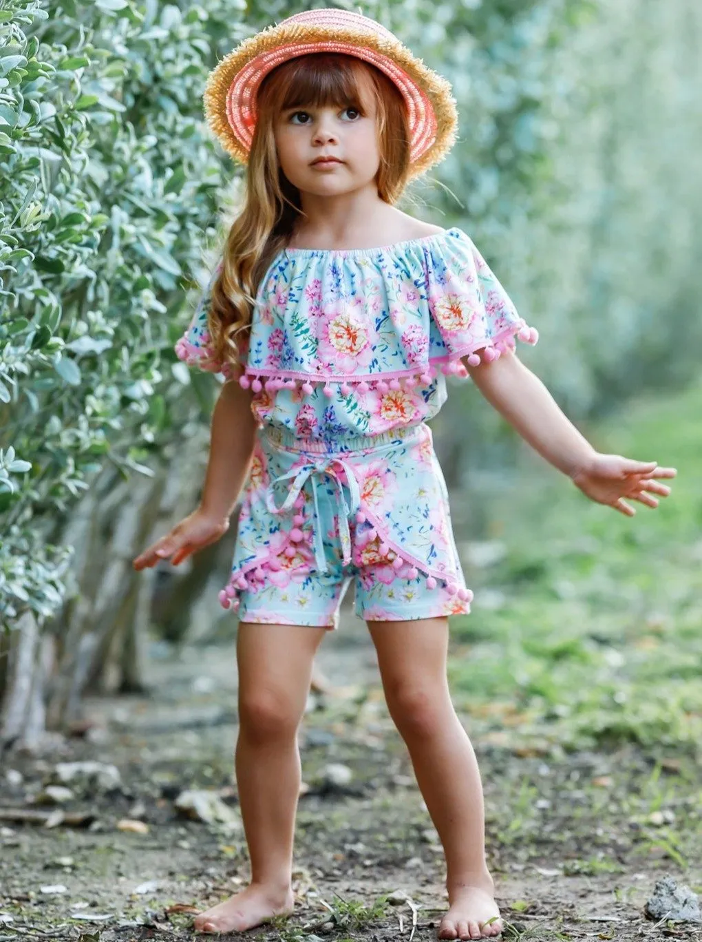 Girl Pom Pom Ruffle Top and Overlay Front Tie Shorts Set